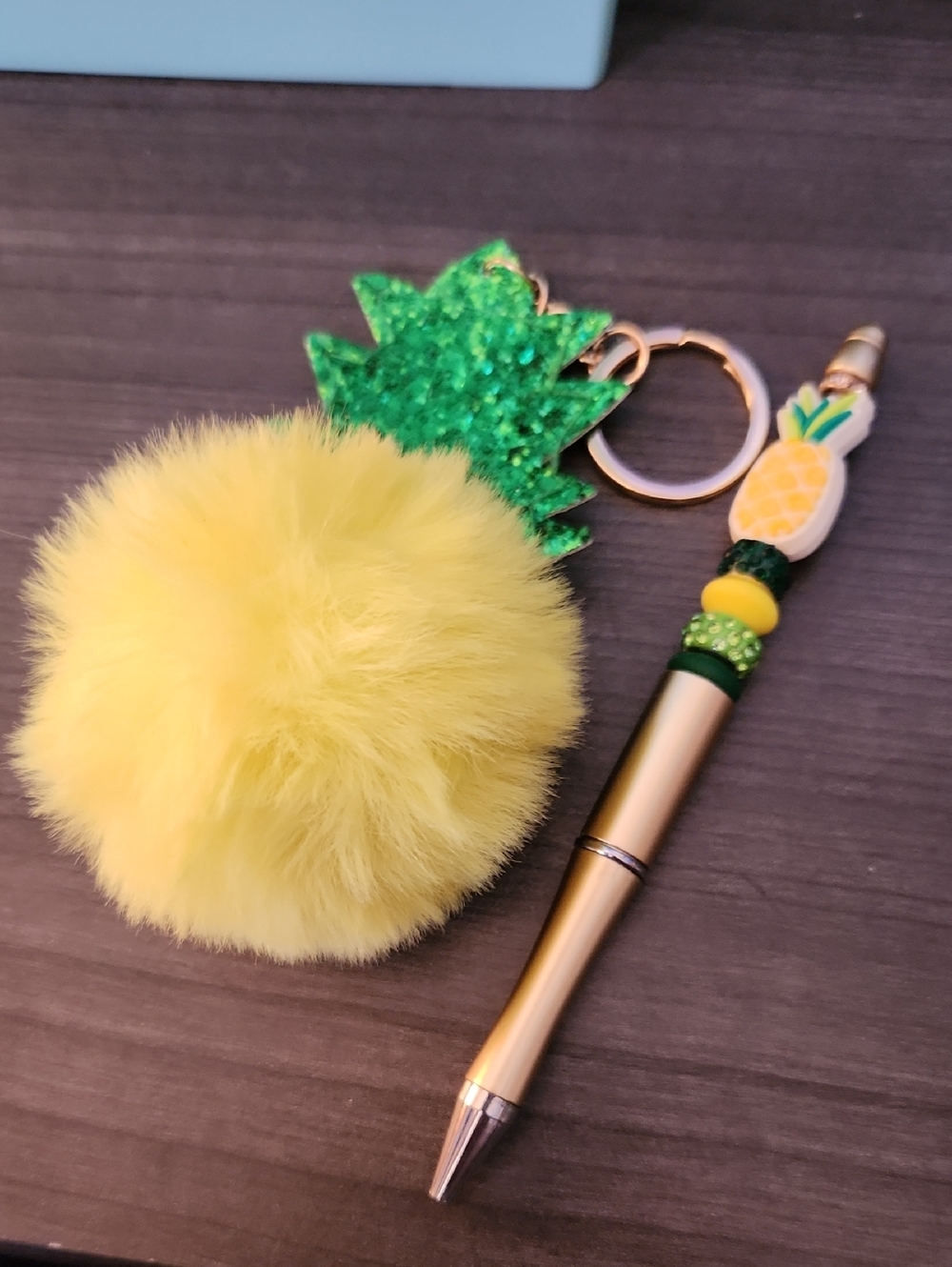 Pineapple Pom Pom Keychain & Pineapple Beaded Pen